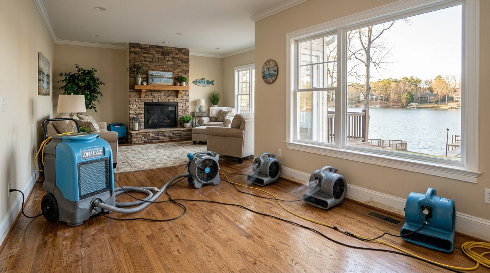 Air movers and a dehumidifier drying a lakefront living room floor during water damage cleanup near Lake Norman, NC